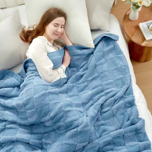 Snuggle Sac Faux Fur Checkered Blanket Twin Size with Soft Knitted Microfiber Fabric,Cozy Soft Warm Blanket for Sofa Bedroom Living Room,Solid Blue,60x80 inches - color: Solid Blue, size: Twin(60"x80")