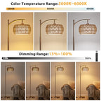Ambimall Arc Floor Lamp for Living Room with Remote, Color Temperature & Brightness Adjustable, Bohemia Standing Lamp with Rattan & Fabric Double Drum Shades, Bulb Included(Brown) - color: Brown Bohemian