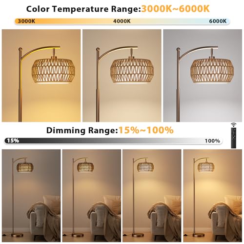 Ambimall Arc Floor Lamp for Living Room with Remote, Color Temperature & Brightness Adjustable, Bohemia Standing Lamp with Rattan & Fabric Double Drum Shades, Bulb Included(Brown) - color: Brown Bohemian