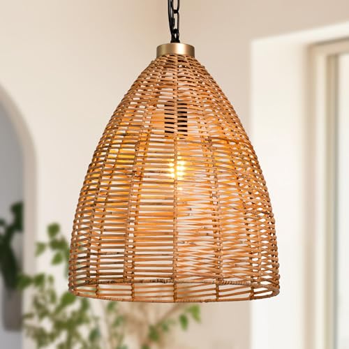 KSANA Boho Rattan Pendant Light, 1-Light Handwoven Wicker Hanging Light, 14" Natural Farmhouse Pendant for Kitchen Island, Dining Room & Entryway - size: 14"