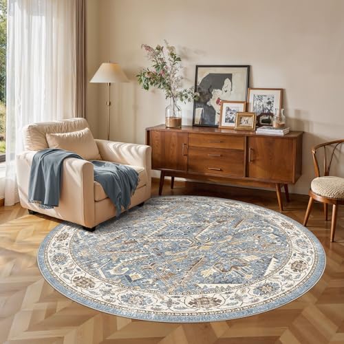 6ft Round Rug Living Room Area Rug - 6x6 Washable Circle Rugs Vintage Large Soft Non Slip Traditional Farmhouse Carpet for Bedroom Dining Room Office Indoor Floor Accent - Blue - color: Blue, size: 6' x 6'