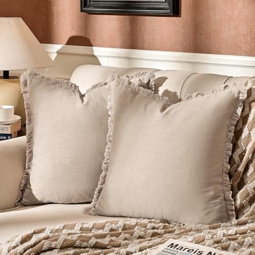 AmHoo Pack of 2 Linen Pillow Covers with Tassels Fringed Decorative Rustic Natural Throw Pillowcase Cushion for Couch Sofa Bedroom 18 x 18-Inch Beige - color: Beige, size: 18" x 18" (Pack of 2)