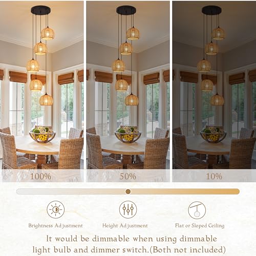 5-Light Woven Foyer Chandeliers for High Ceiling,5 Dome Boho Rattan Pendant Light Farmhouse Wicker Ceiling Light,rustic Hemp rope Light Fixture For Living Room Hallway Staircase Entryway(Bulb Incl. - color: 14" Natural 5-Light