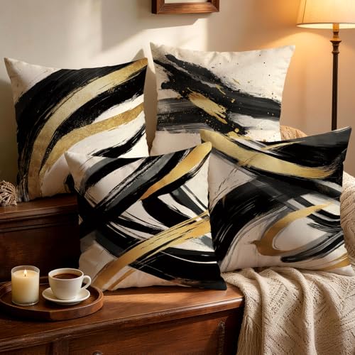 OBSEDE Abstract Black Gold Ink Brush Strokes Throw Pillow Covers 18 × 18 in, Set of 4, Couch Cushion Cases Inserts for Sofa Bed Living Room Home Decor, Single Side Print - color: Gold Ink Abstract Brushstrokes, size: 18" x 18" (Pack of 4)