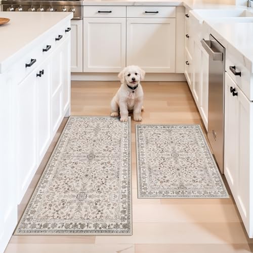 Kitchen Rugs Non-Slip Washable 2 Piece, Modern Boho Low Pile Stain-Resistant Floor Mats Set for Hardwood Floors, Soft Small Decorative Rugs (Beige, 2x3+2x4) - color: Beige, size: 2' x 3' + 2' x 4' (Rectangular)