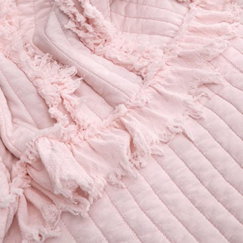 Ultra Soft Pre-Washed Quilted Throw Blanket, Ruffle Fringed Pink Boho Decorative Throw, Stone Washed Chic Rustic Blanket for Sofa Couch Bed Chair, 50"x 60" - color: Baby Pink, size: 50"x60"