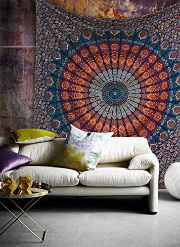 Bless International Handmade Indian hippie Bohemian Psychedelic Peacock Mandala Wall hanging College Dorm Beach Throws Table Cloth Bedding Tapestry (Blockbuster, Poster(30x40Inches)(76x101cms)) - color: Blockbuster, size: 40"L x 30"W