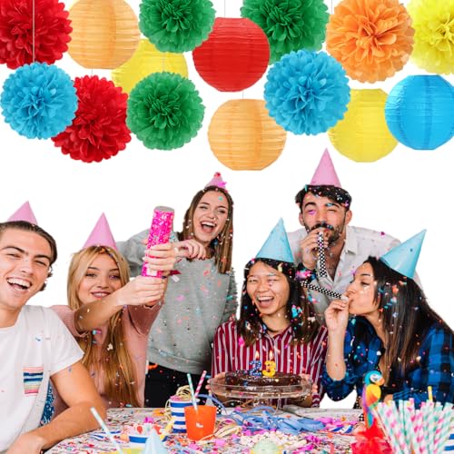 Rainbow Colorful Party-Decorations Paper-Flowers - 15pcs Welcome Back to School Tissue Pom Poms Lanterns Streamers,Carnival Video Game Kids Birthday Graduation Baby Shower Hanging Supplies Hugfond - color: Red Green Orange Blue