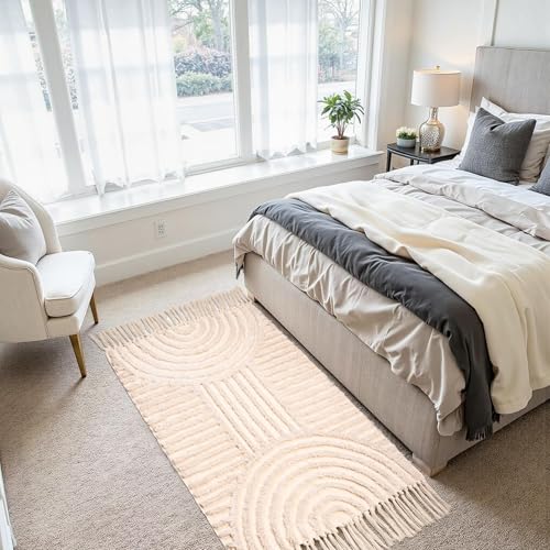 Boho Bathroom Rugs with Tassels Cotton Bath Mat Washable Bathroom Rugs, Boho Area Rug Beige Tufted Woven Rainbow Rug 2' x 4.3' - color: Rainbow Cream, size: Medium(2'x4.3')