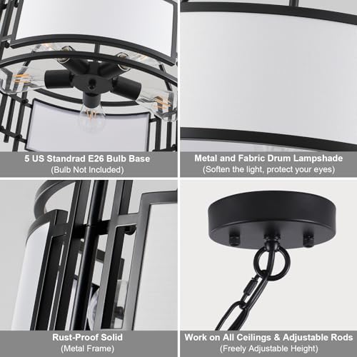 20'' Black Drum Chandeliers, 5Lights Black and White Drum Chandelier Modern Industrial Pendant Light Fixture, Adjustable Fabric Chandelier for Dining Room Kitchen Island Living Room Foyer E26 - color: 20InchBlack