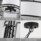 20'' Black Drum Chandeliers, 5Lights Black and White Drum Chandelier Modern Industrial Pendant Light Fixture, Adjustable Fabric Chandelier for Dining Room Kitchen Island Living Room Foyer E26 - color: 20InchBlack