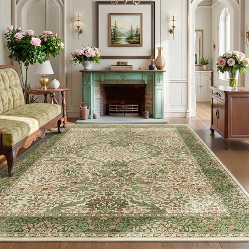 5x7 Floral Washable Area Rug for Living Room, Vintage Boho Rugs for Bedroom Dining Room, Botanical Birds Non Slip Low Pile Forest Throw Carpet for Farmhouse Office, Retro Pink/Green - color: Pink Green (Larger Pattern), size: 5' x 7' (Rectangular)