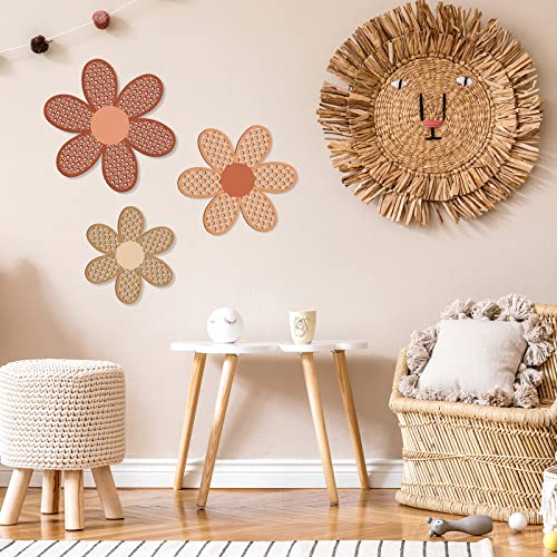 Maitys 3 Pieces Boho Daisy Wall Decor Natural Rattan Flower Wall Hanging Art Wooden Boho Art Nursery Flowers Farmhouse Hanging Decor for Home Office Nursery(Fresh Color) - color: Fresh Color