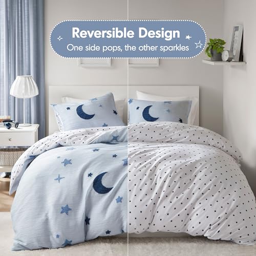 Intelligent Design Kids Cosmos Twin Size Duvet Set – Blue Star and Moon Tufted Chenille, Reversible 2-Piece Bedding with Star Pillow - color: Blue, size: Twin