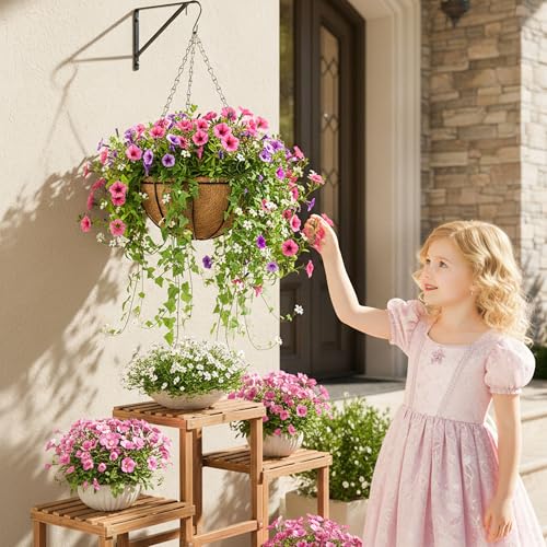 2 Pack Hanging Planters 12 Inch Metal Hanging Planter Basket Flower Pots with Coco Coir Liners Round Wire Plant Holder for Indoor Outdoor Patio Porch Garden Railings Decoration - color: Watermelon