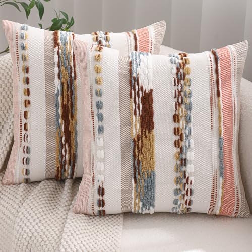 Boho Tufted Throw Pillow Covers 18x18 Set of 2 Stripe Decorative Pillow Cases Accent Chenille Pillowcases Farmhouse Cushion Case Nuetral Textured Pillow Cover Fall Autumn Home Decor,Orange - color: Orange Stripe, size: 18" x 18" (Pack of 2)