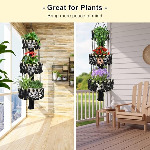 3-tier Hanging Fruit Baskets for Kitchen, Woven Cotton Rope Fruit Hammock, Macrame Hanger Holder for Fruit Vegetable Produce Storage & Organization, Boho Hanging Plant Holder for Indoor Outdoor - color: Black
