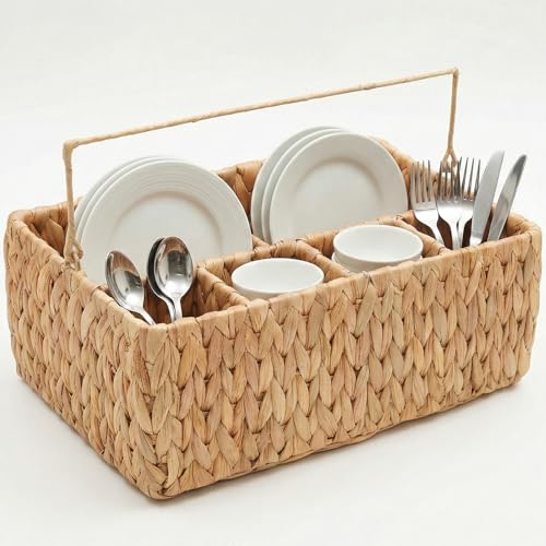 Water Hyacinth Woven Storage Basket with 5 Compartments – Divided Wicker Organizer Tray with Thin Foldable Handle for Kitchen Countertop, Bathroom, Office Desk, Dining Caddy. Natural Chunky Weave
