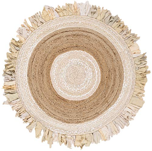SAFAVIEH Cape Cod Collection Area Rug - 4' Round, Beige & Natural, Handmade Boho Fringe Jute & Cotton, Ideal for High Traffic Areas in Living Room, Bedroom (CAP701B) - color: Beige/Natural, size: 4' (Round)