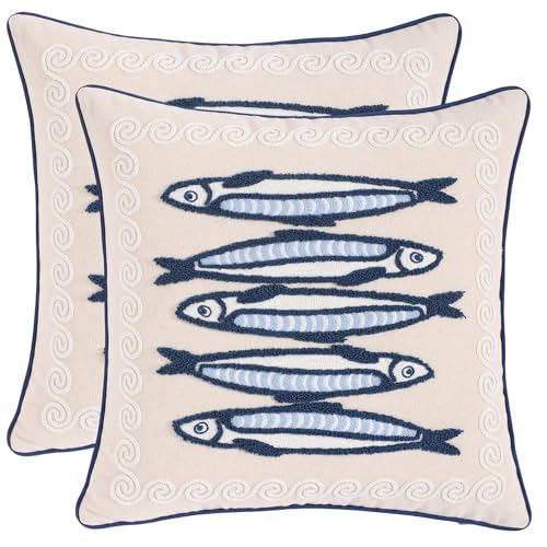 LUOYEHK Summer Coastal Throw Pillow Covers 18x18 Set of 2 Embroidered Blue and White Fish Decorative Pillow Cases Ocean Themed Canvas Cushion Covers for Couch Sofa Bed Living Room, Sardines - color: Sardine Fish