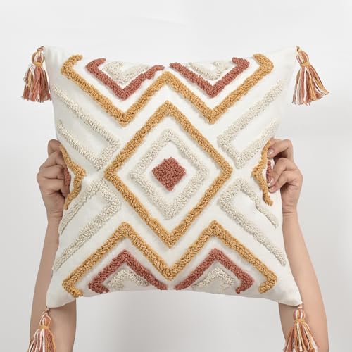 Boho Pillow Covers 18X18 Inch Boho Tufted Throw Pillow Covers Decorative Tassels Cushion Cover Farmhouse Pillow Case for Couch Sofa Bed Living Room Bedroom, Rust - color: Boho Multi-rust, size: 18" x 18" (Pack of 1)