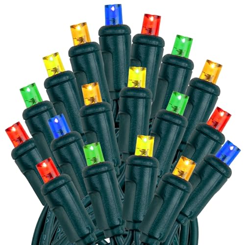 Novelty Lights 25ft 50 LED Multicolor Christmas Lights Outdoor/Indoor, 6" Spacing, Green Wire String Lights for Festive Xmas Lighting, IP55, UL Listed, Dimmable, Connectable - color: Multicolor