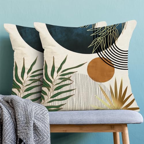 Boho Pillow Covers 16x16 Set of 2 Green Gold Navy Blue Throw Pillow Covers Mid Century Bohemian Style Tropical Leaf Pillowcase Farmhouse Decorative Cushion Case For Home Sofa Outdoor Decoration - color: Mid Century-navy Blue, size: 16" x 16" (Pack of 2)