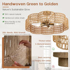 24” Boho Rattan Ceiling Light Fixture, Hand-Woven Wicker Flush Mount Chandelier, Rustic Coastal Scalloped Gold Base Semi Flush Lighting for Bedroom, Dining Room, Kitchen, Foyer, Living Room - color: Rattan A