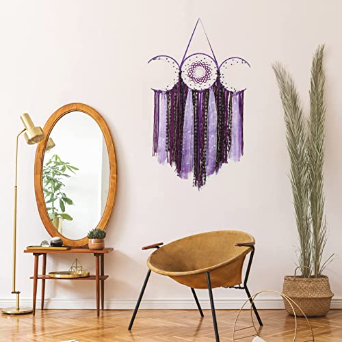 ANROYE Purple Triple Moon Goddess Macrame Wall Hanging, Boho Wiccan Crescent Dream Catcher, Bohemian Dreamcatcher for Women,Woven Pagan Tapestry Decor for Bedroom Witch Decoration - color: Mystic Purple