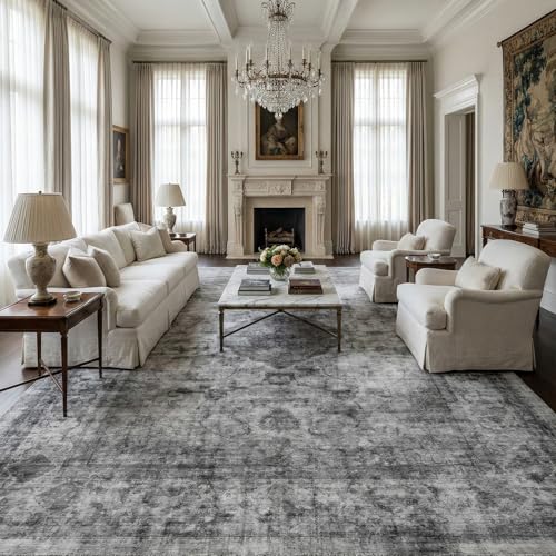 Homemate Washable Rug 9x12 Area Rugs - Vintage Faux Wool Rugs for Living Room Bedroom Dining Room - Non Slip Foldable Carpet Indoor Area Rug for Home Decor（9'x12', Black - color: Black, size: 9x12 ft