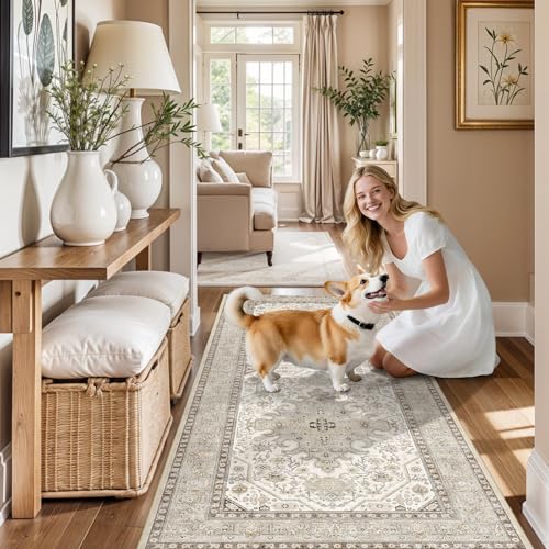 Washable Kitchen 2x6 Runner Rug: Non Slip Oriental Indoor Floor Mat for Hallway Bedroom Bathroom - Soft Easy Clean Thin Floor Throw Carpet Vintage Decor Rugs-Designed for Dog Kids Family 2x6 Ivory - color: Ivory, size: 2x6