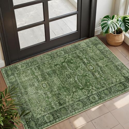 2x3 Entryway Rug Green Washable Vintage Rugs for Entryway Kitchen Low Pile Non-Slip Door Mat Traditional Distressed Small Throw Area Rugs for Kitchen Entrance Bathroom Green - color: Green, size: 2'*3'(Rectangular)