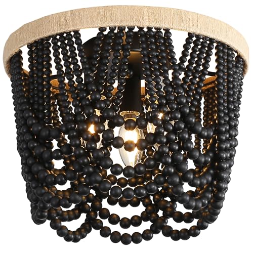 Bohemian Lighting Bohemian Chandelier Handmade Beaded Chandelier Vintage Hemp Rope Woven Ceiling Lighting 3 Lights Wood Bead Chandelier Nursery Lighting Bedroom Ceiling Light (Black) - color: Black