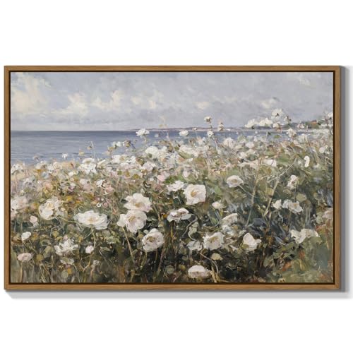 Framed Landscape Wall Art Blue Ocean Theme White Flower Pictures Wall Decor Abstract Floral Painting Prints Modern Seascape Artwork for Living Room Bedroom Bathroom Home Office Decoration, 16''x24'' - color: Blue Ocean White Flower, size: 24"L x 16"W