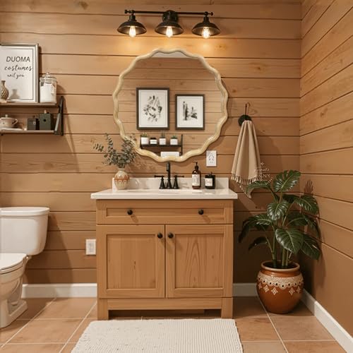 Circle Wood Mirrors for Wall, Wavy Round Bathroom Scalloped Mirror Wooden Frame 28 Inch for Living Room Farmhouse Bedroom Hallway Entryway Living Room with Shatterproof Glass Wall Mounted - size: 28"L x 28"W