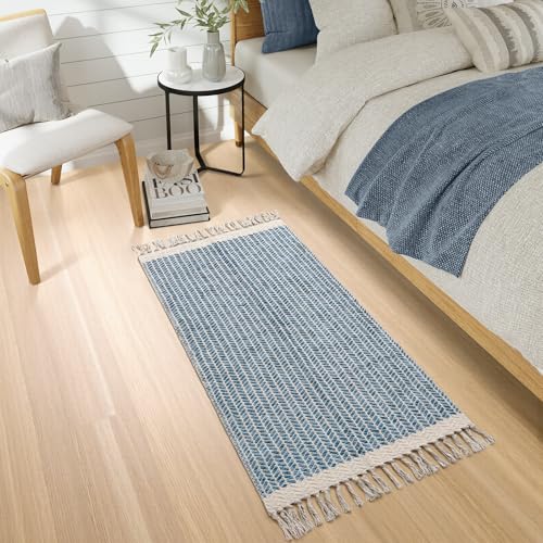 Lahome Belle Boho Laundry Room Rug Runner, 2x4.3 Bathroom Runner Rug Lightweight Kitchen Rugs Woven Cotton Throw Mat with Tassels, Farmhouse Washable Blue Rugs Low Pile for Bedroom Door Mat - color: Blue/Multi, size: 2' x 4'3" (Runner)