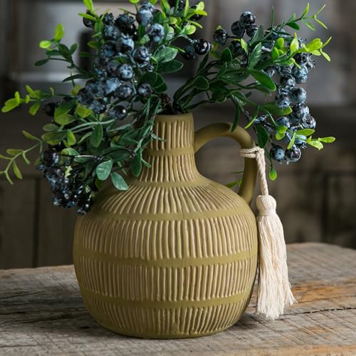 Mowtanco Farmhouse Vase with Handle and Tassel, Grey Yellow Vertical Stripes Design Clay Vase 10'' Tall - Ceramic Flower Vase for Rustic Home Decor, for Fireplace Kitchen Living Room Centerpieces - color: Green