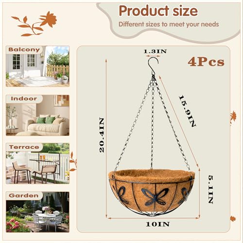 Metal 10 inch Round Planter, 4 Pack Hanging Wire Basket with Coco Fiber Liners for Outdoor Plants, Garden, Patio, Deck, Porch - size: 10 Inch, style: Butterfly