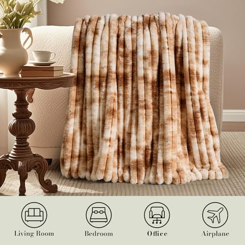 Amélie Home Faux Fur Throw Blanket for Couch, Cozy Fuzzy Fluffy Fur Luxurious Soft Striped Plush Gift Blankets for Family Sofa Chair Bedroom, 55"x70", Tie-dye Khaki - color: Striped Tie-dye Kahki, size: Throw(55"x70")