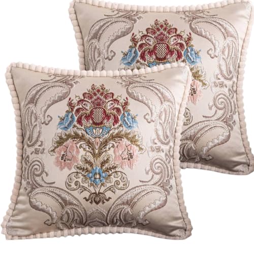 2Pcs Pillow Covers Decorative European Jacquard Vintage Embroidery Stereo Sofa for Home Decor, Sofa Living Room, Couch, Bed.18x18 or 20x20 inches. (CREAMBEIGE Blue pack2) - color: Creambeige Blue Pack2