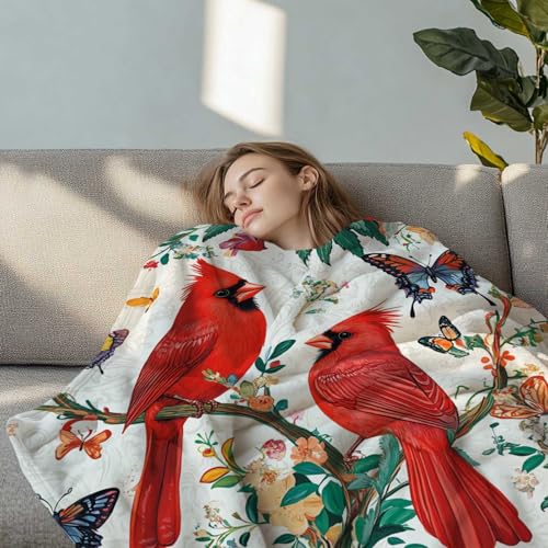 Cardinal Throw Blanket 40x50 Inches | Red Bird Floral Butterfly Fleece Blanket for Couch Sofa Bed | Botanical Farmhouse Decorative Throw Cozy Gift for Women Mom - color: Red Bird