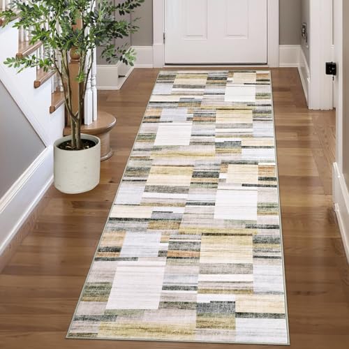 Garvee Washable Rugs for Entryway 2x8 Runner Rug Non Slip Kitchen Rugs Indoor Modern Geometric Soft Bathroom Runner Rug Low Pile Stain Resistant Carpet for Bedroom Hallway Laundry 2'x8' Khaki - color: Grey Multi, size: 2' x 8' (Runner)