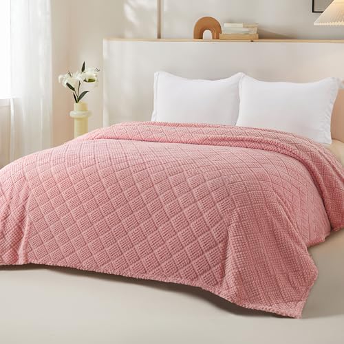 Whale Flotilla Fuzzy Fleece Queen Size Blanket for Bed, Soft Fluffy Jacquard Waffle Blankets for All Season, Lightweight and Cozy, 90x90 Inch, Pink - color: Pink, size: Queen(90x90 Inch)
