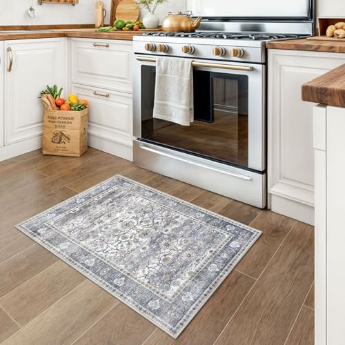 KUTA Vintage 2x3 Entryway Rug, Washable Kitchen Rugs & Ultra Thin Soft Throw Rug, Non-Slip Floral Distressed Print Grey Blue, Perfect for Front Door, Bedside, or Small Spaces - color: Grey Blue, size: 2' x 3' (Rectangular)