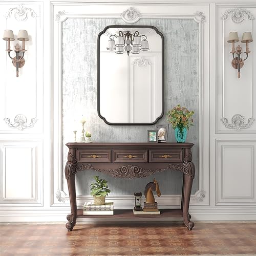 Ferytange Black Bathroom Vanity Mirrors for Over Sink 24" x 36" Modern Rounded Corner Rectangle Mirror with Non-Rusting Iron Metal Framed Wall Mounted Decorative Mirror (Horizontal/Vertical) - color: Black, size: 36"L x 24"W