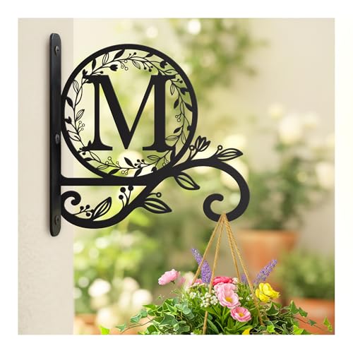 Metal Initial Letter M Plant Hanger Bracket, Decorative Wall Mount Hanging Plant Hook, Monogram Floral Leaf Garden Decor for Hanging Baskets, Bird Feeders, Lanterns, Wind Chimes - style: M