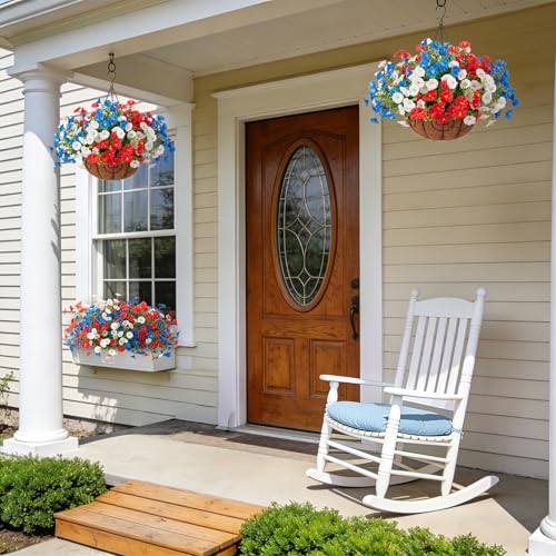 Ammyoo Artificial Fake Hanging Flowers with Basket for Outdoors, Faux Petunias Flowers Fake Hanging Plants with Eucalyptus Realistic UV Resistant for Outside Patio Garden Porch Balcony Yard Decor - color: Red Blue White