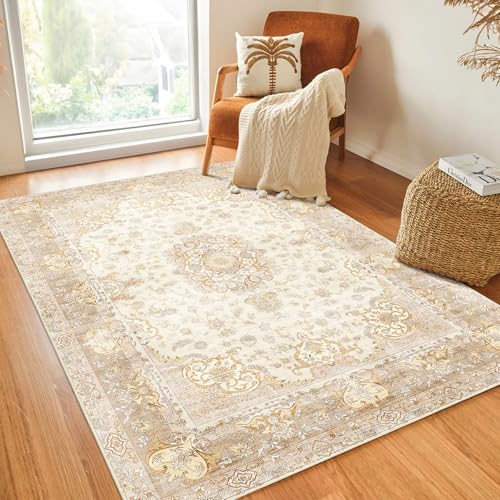 Boho Rug 4'x6.5',Washable Area Rugs for Bedroom Living Room Kitchen Entryway Bedside,Small Vintage Bohemian Distressed Non Slip Carpet,Beige Gold Floral - color: Beige, size: 4'x6.5'