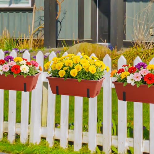 CADUKE Railing Planter Box 16.9 Inches Fence Hanging Planters with Adjustable Brackets Red Deck Railing Planter Boxes Plastic Outdoor Balcony Railing Window Boxes Planters Hanging Flower Box - color: Red