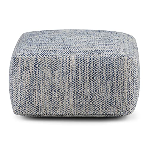 SIMPLIHOME Nate Square Pouf - 20 inch Wide Upholstered Handwoven Cotton Ottoman in Patterned Denim Melange, Boho Footstool or Extra Seating for Living Room with Artisanal Texture, Assembled - color: Patterned Denim Melange, style: Cotton Pouf